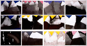 Pastell-Wand Bergfrühling, 1996/1997, 12 Pastelle, je 80 x 120 cm, Atelieraufnahme Mai 1997 (Messner Mountain Museum - MMM Corones)